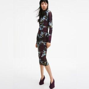 H&M Asymmetric Mesh Dress Dark Plum Purple Floral Size L NWT